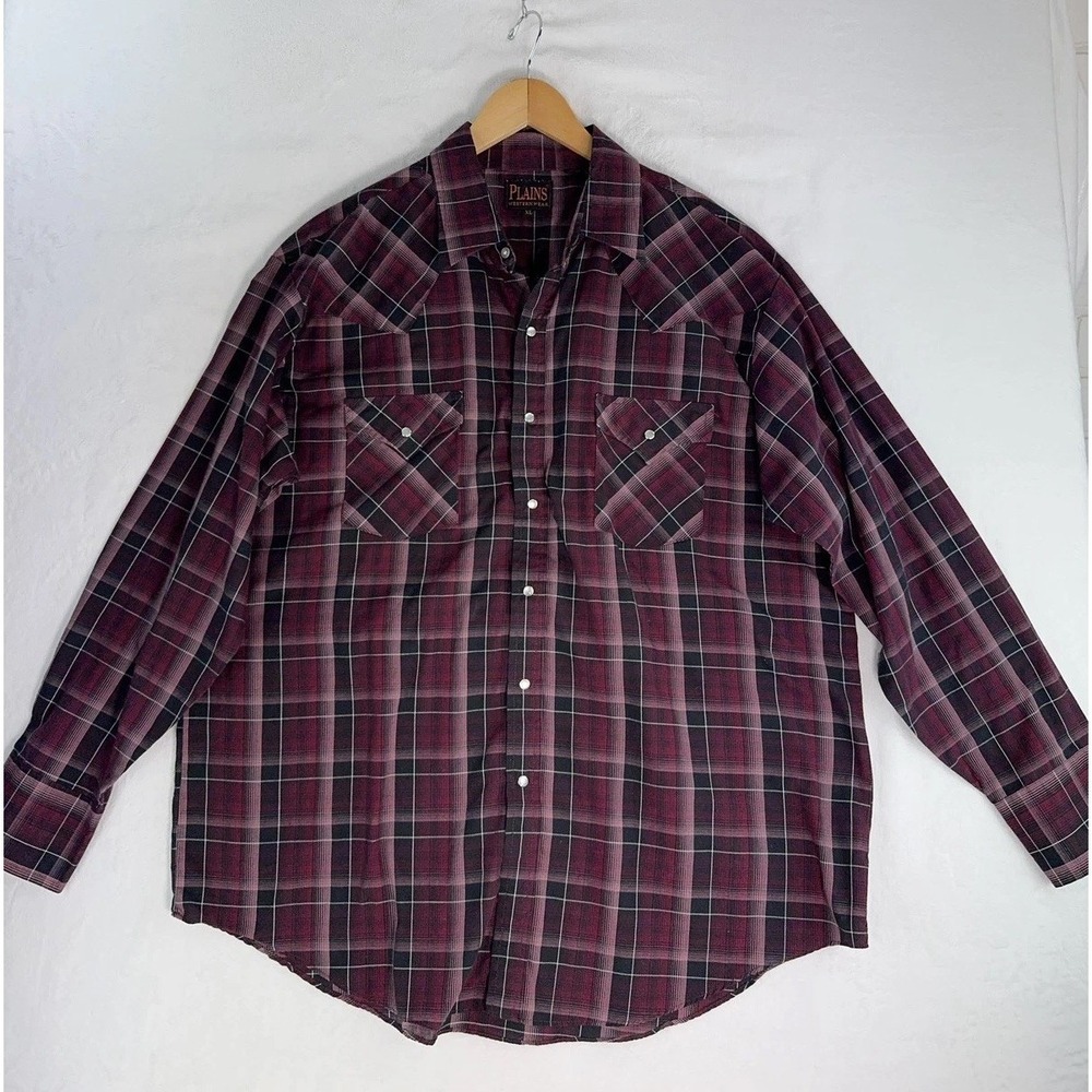 Plains Western Wear Shirt Mens XL Red Plaid Pearl Snap Western Long Sleeve